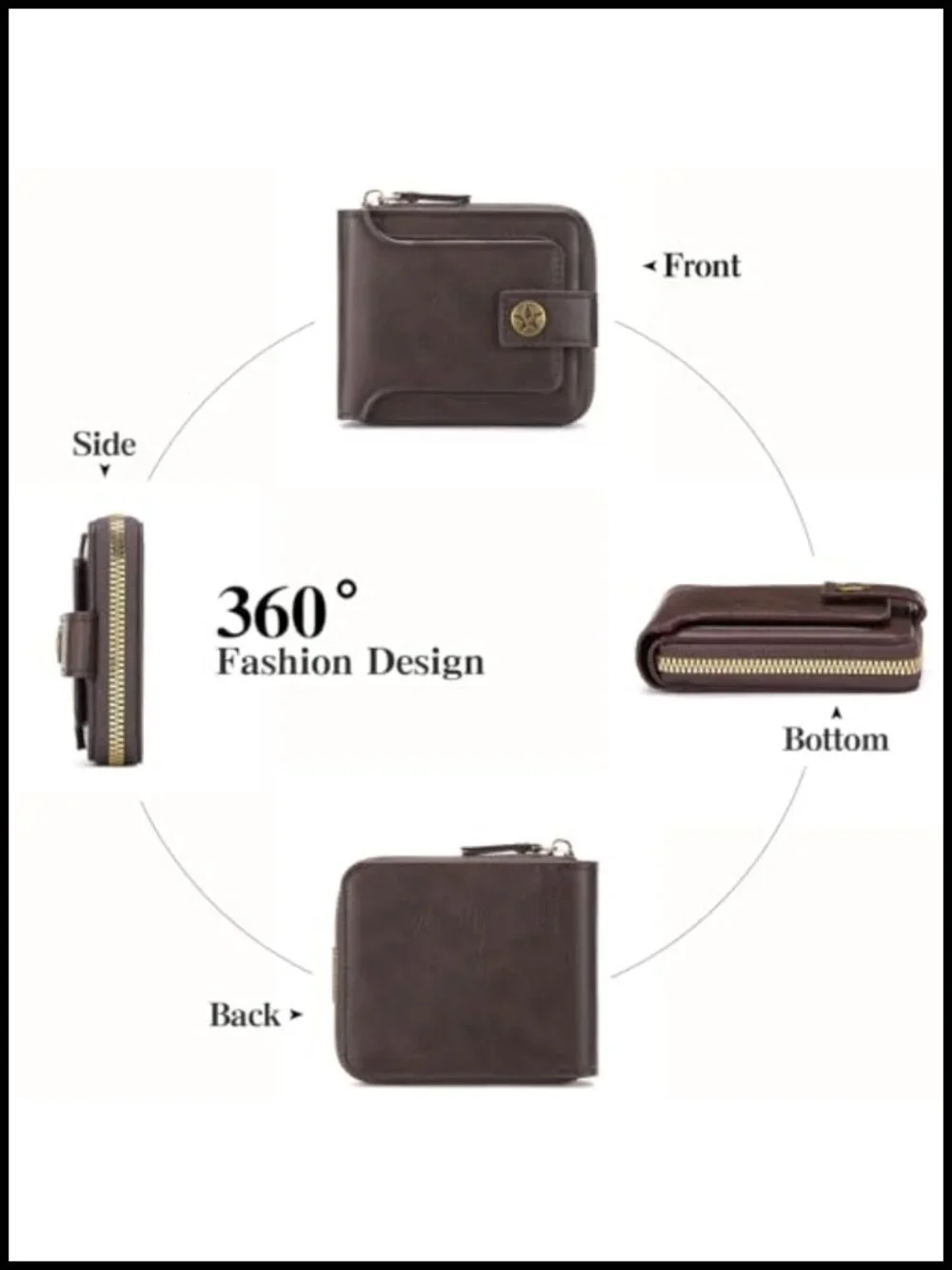 Men's Leather Bifold Wallet with ID Window, Zip Coin Pocket & 10 Card Slots
